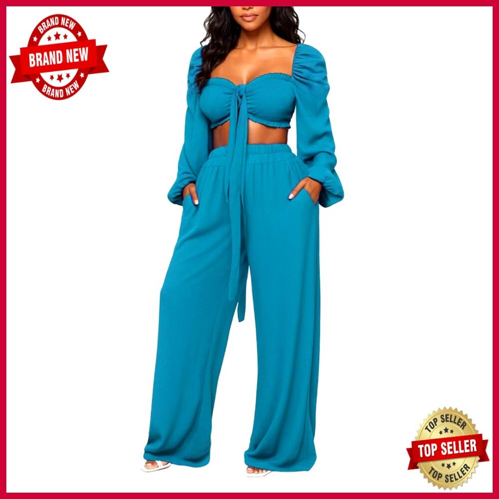 Women's Polyester Blend Wide Leg Pants Set With Pockets, X-Large
